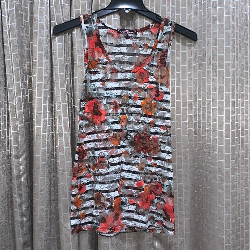 Semi sheer black and white floral tank top